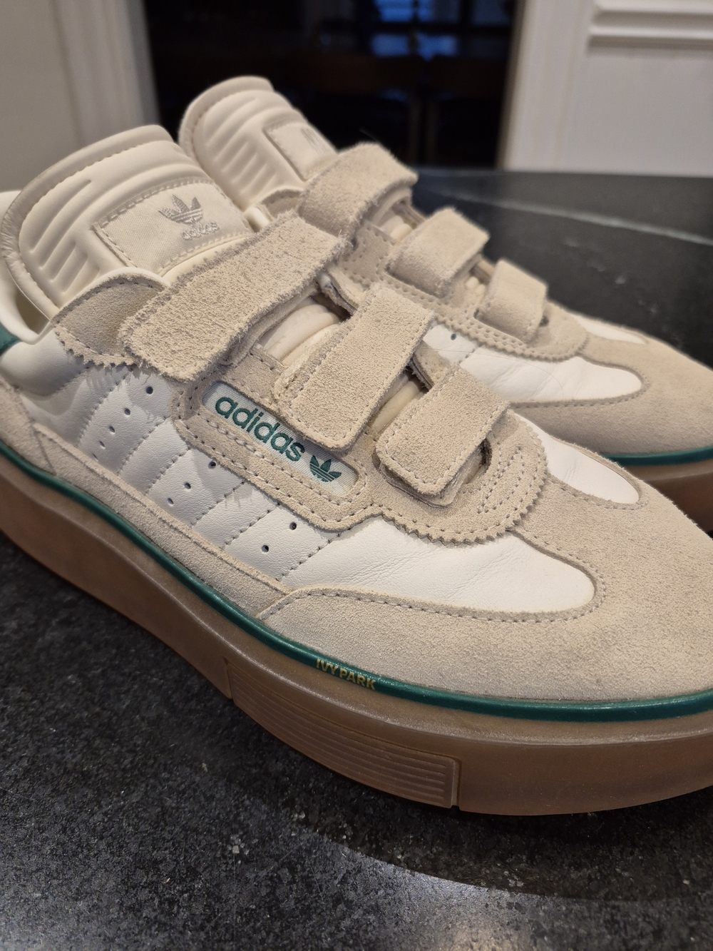 adidas Ivy PARK Beige Suede & White Leather Sneakers with Teal Accent